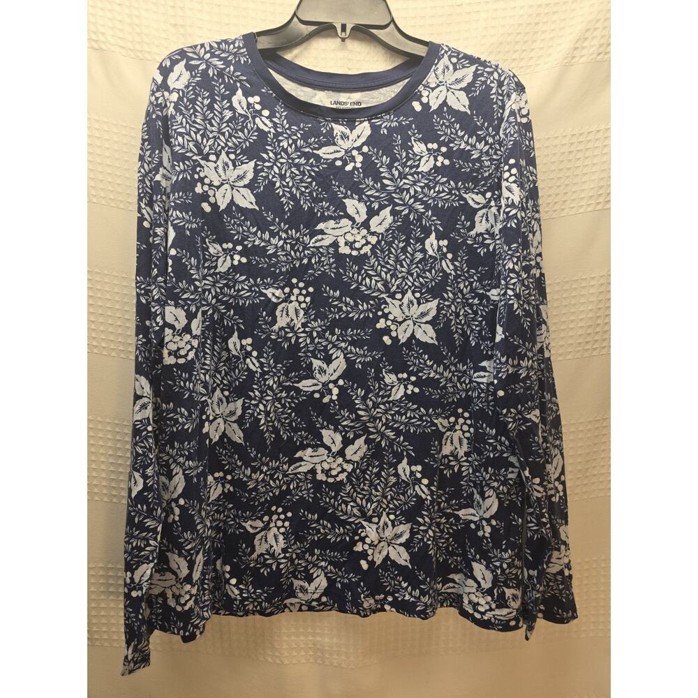 Lands End Tshirt Blue Floral Size Large Basic Long Sleeve Crew Neck